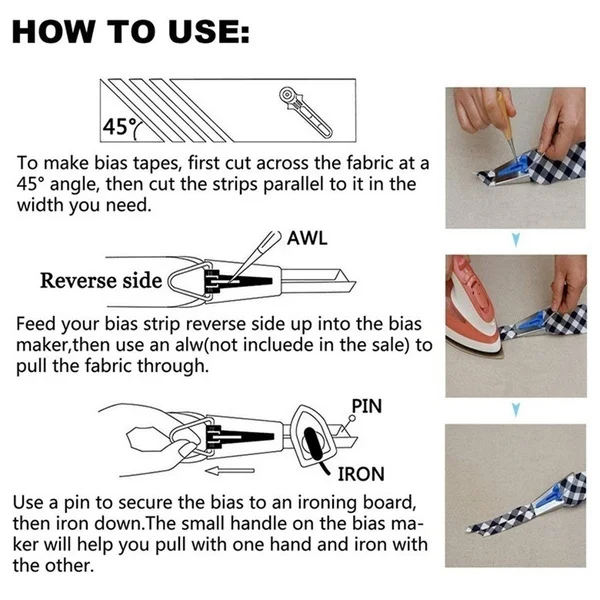 Fabric Bias Binding Tape Maker Kit Patchwork Binder Foot Awl Clips Pins Household DIY Sewing Quilting Tool