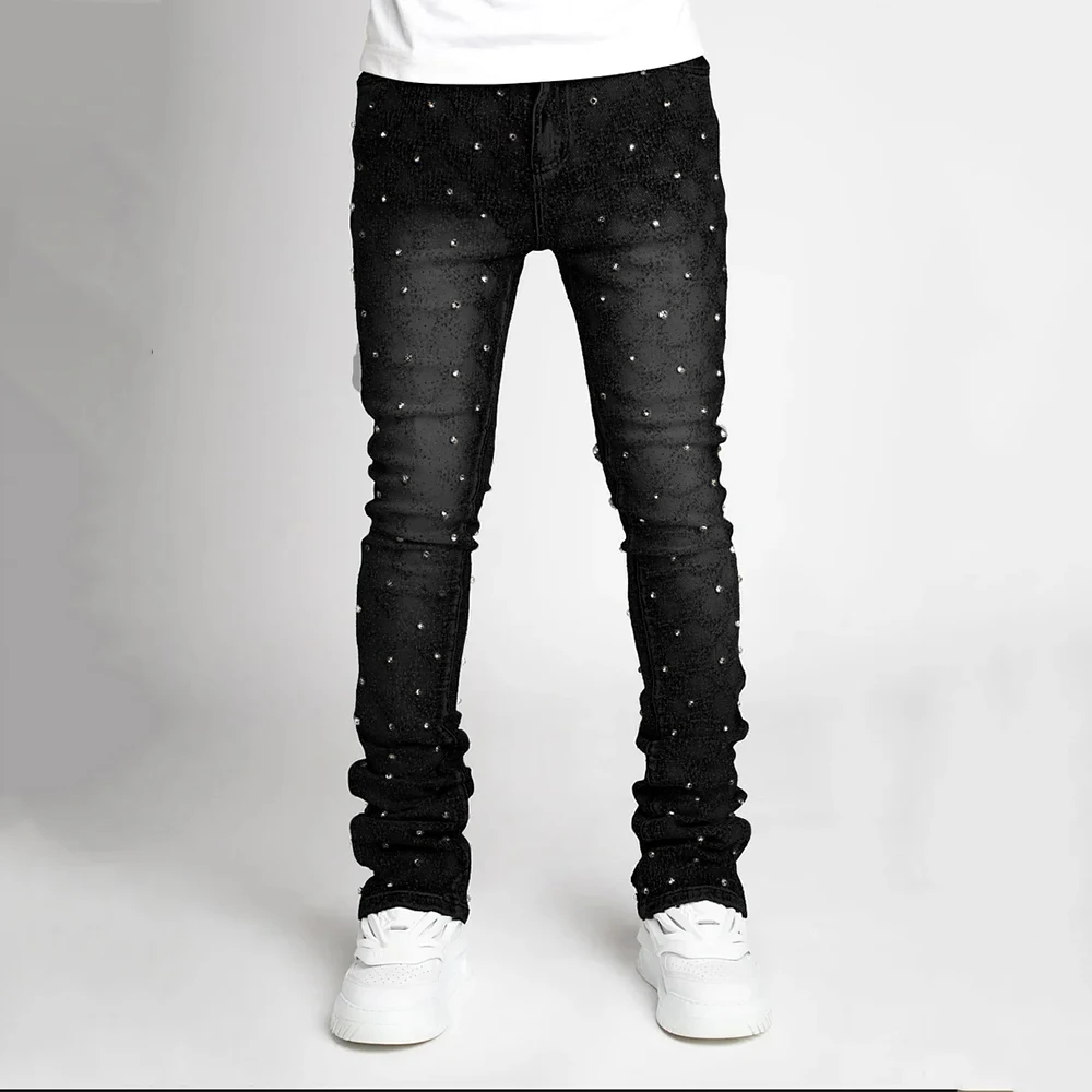 Topshow High Quality Silm Fit Blue Embellished Denim Jeans Full Over All Rhinestones Straight Loose Stacked Jeans