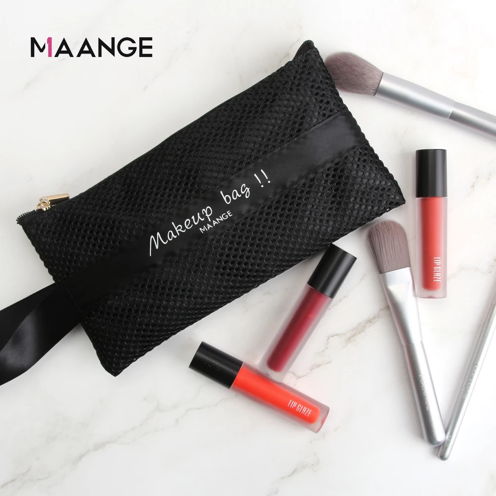 MAANGE Wholesale Custom Logo Portable Makeup Organizer Bags Travel Black Nylon Mesh Zipper Cosmetic Bag
