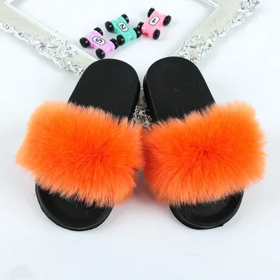 Fashion Summer Children Fur Shoes Anti-slip Faux Fur Slippers Kids Outdoor Fur Slippers