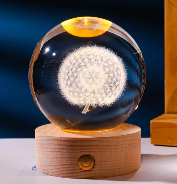 Newish 3d crystal ball night light laser engrave crystal ball 6cm/8cm night lights moon with wooden base touch night light
