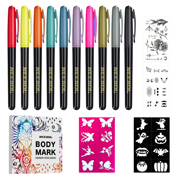 Non Toxic Temporary Tattoo Pens with Stencil on Skin and Body Markers