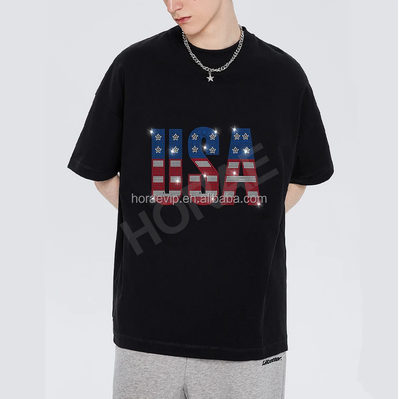 HS005 Logo Custom Glitter Rhinestone Heat Transfer Design T-Shirt Costume Bling Hot-fix Crystal Tee Shirt Top for Men Women