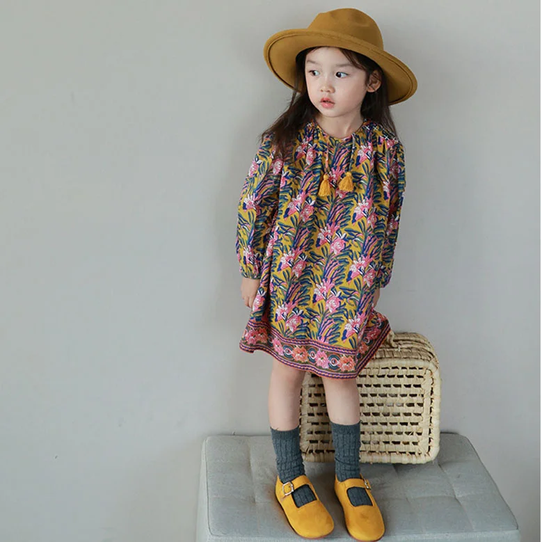 Children Dresses Kids Girl Long sleeves Flower Print Cotton and Linen Floral Dress Baby Girl Spring Summer Dresses for Girls