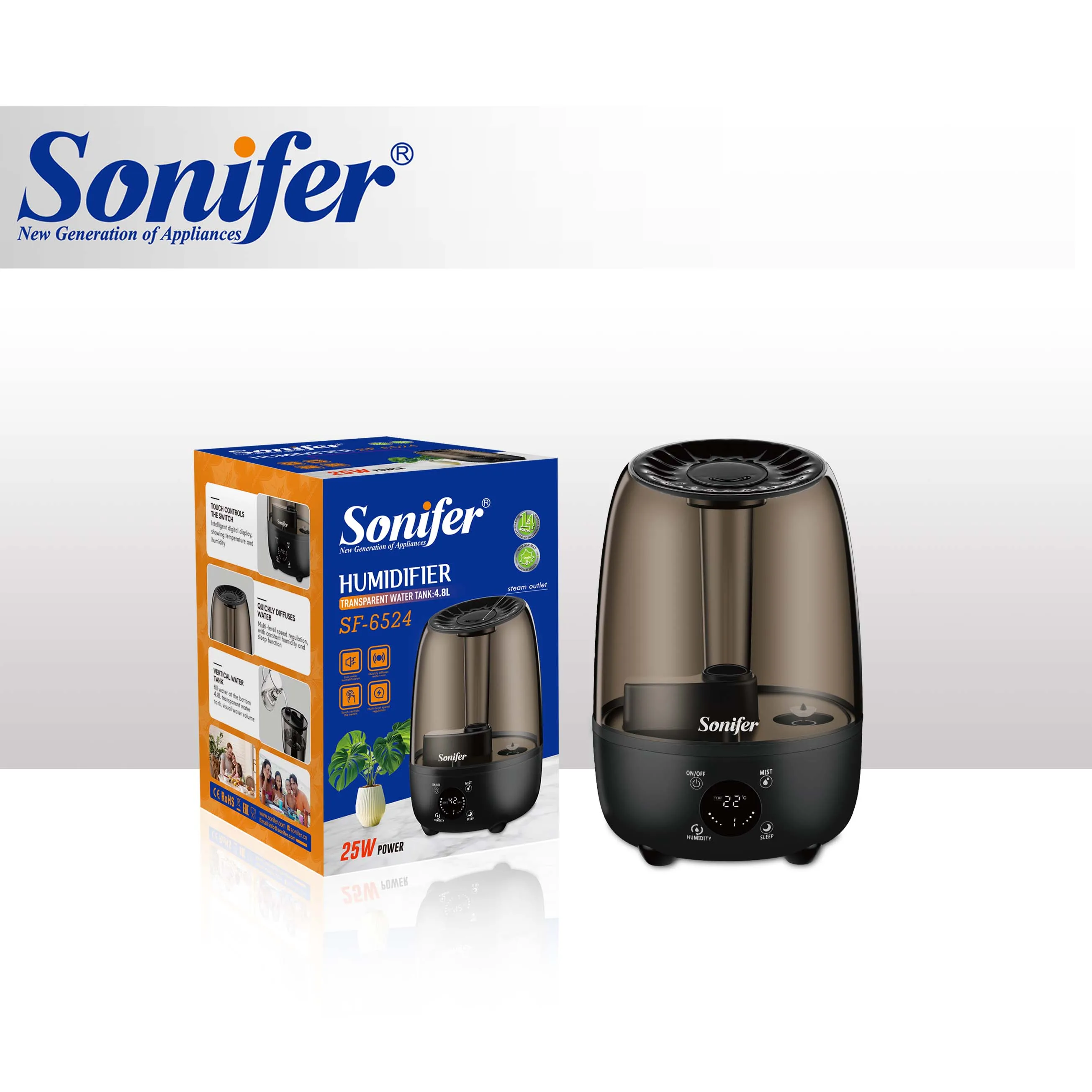Sonifer SF-6524 Low Noise 25W Humidifier Intelligent Digital Display Home Bedroom Spray Cool Mist Nebulization Air Humidifier