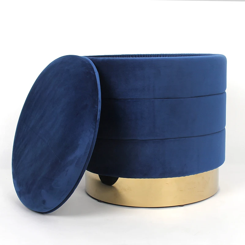 HStex 2020 высокое качество современный дизайн круглая ткань для хранения оттоманка бархатная золотая металлическая основа