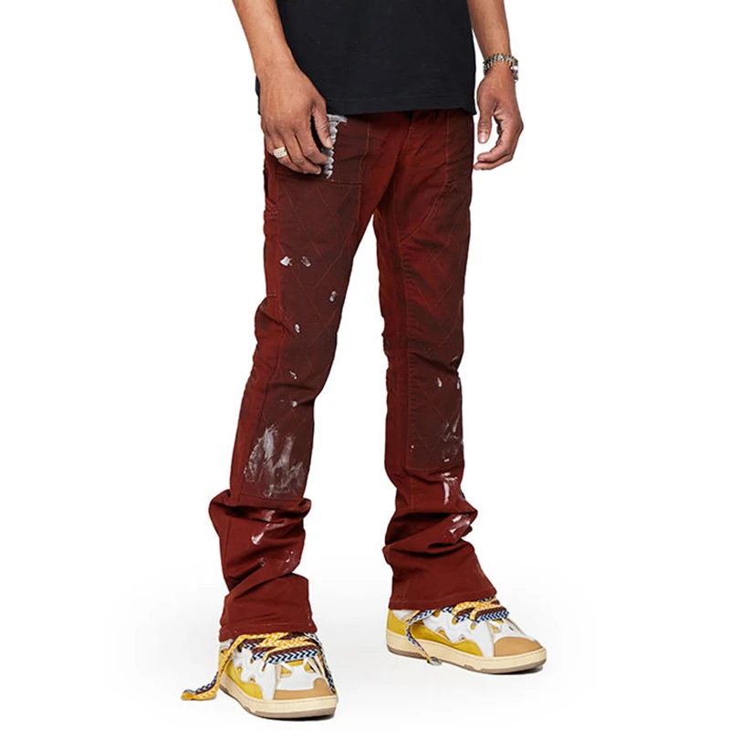 wholesale patch jeans paint splatter mens skinny jeans brown stacked jeans men flare