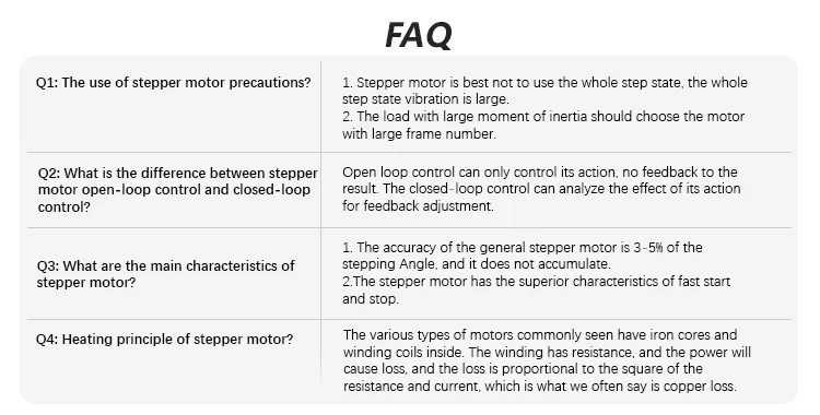 customizable  NEMA8 NEMA10 NEMA11 NEMA14 NEMA16 NEMA17 NEMA23 NEMA24 NEMA34 NEMA42 hybrid stepper motor faq