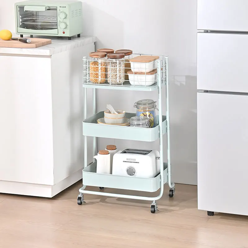 Multi-Scenario Storage Rack 3 Tier Metal Utility Cart 13CM High Fence Storage Trolley for Dormitory Office Kitchen Bathroom