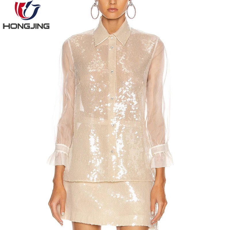 2020 Long sleeve lightweight transparent women sequin organza shirt