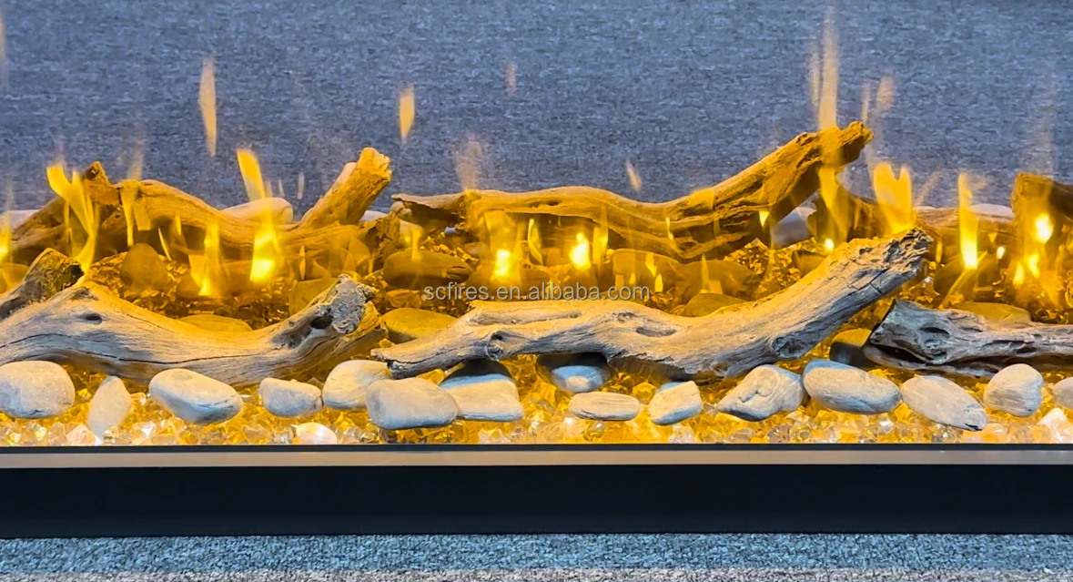 30-80 Inch3D Mirrored Crushed Diamond Fireplace Glowing Ember Bed Realistic LED Flame Insert 3 Sided Mirrored Electric Fireplace