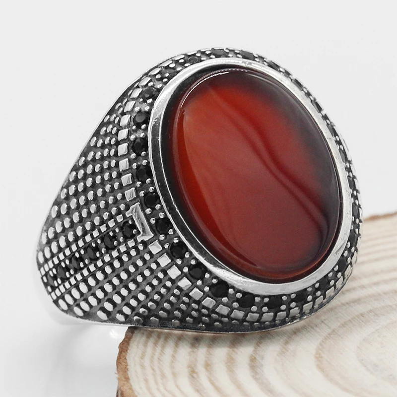 Turkish Real S925 Silver Red Agate CZ Stone Men Ring Designs , Antique Natural Onxy Zircon Stone Rings in Thai Silver