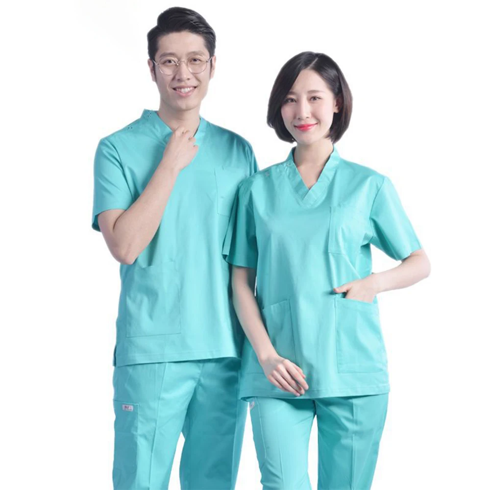 OEM Wholesale Women Nurse Uniform Short Sleeve Hospital Clothes Set Pure Color Men V-neck Medical Clothing Suit