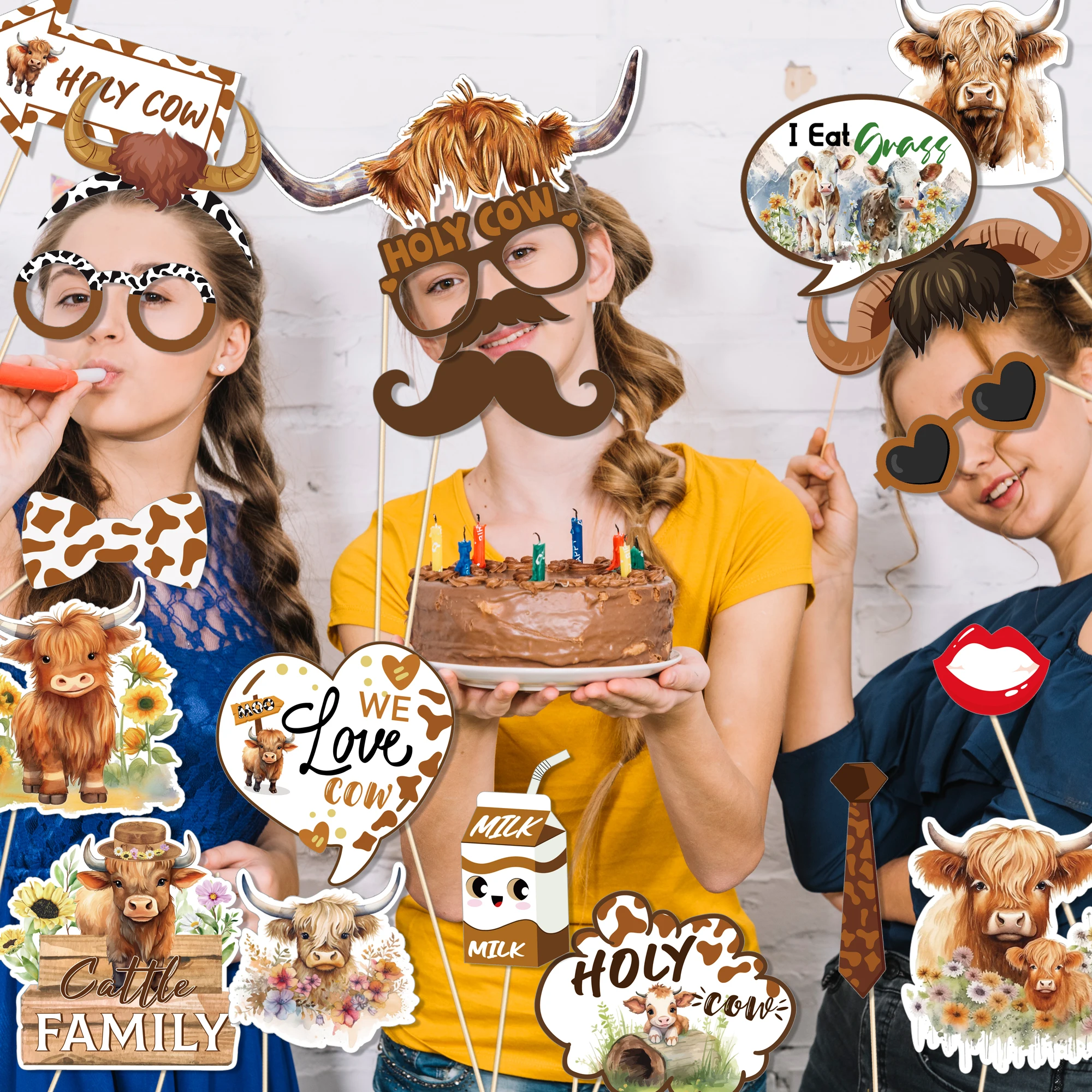 Huancai 25 PCS Highland Cow Photo Booth Props with Sticks Western Party Selfie Props Kit for Kids Birthday Party Supplies