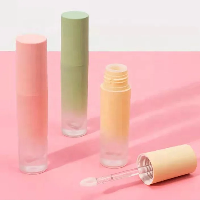 Round empty mini gradient green yellow lipstick lip gloss container frosted pink lipgloss packaging tubes with heart brush 3ml