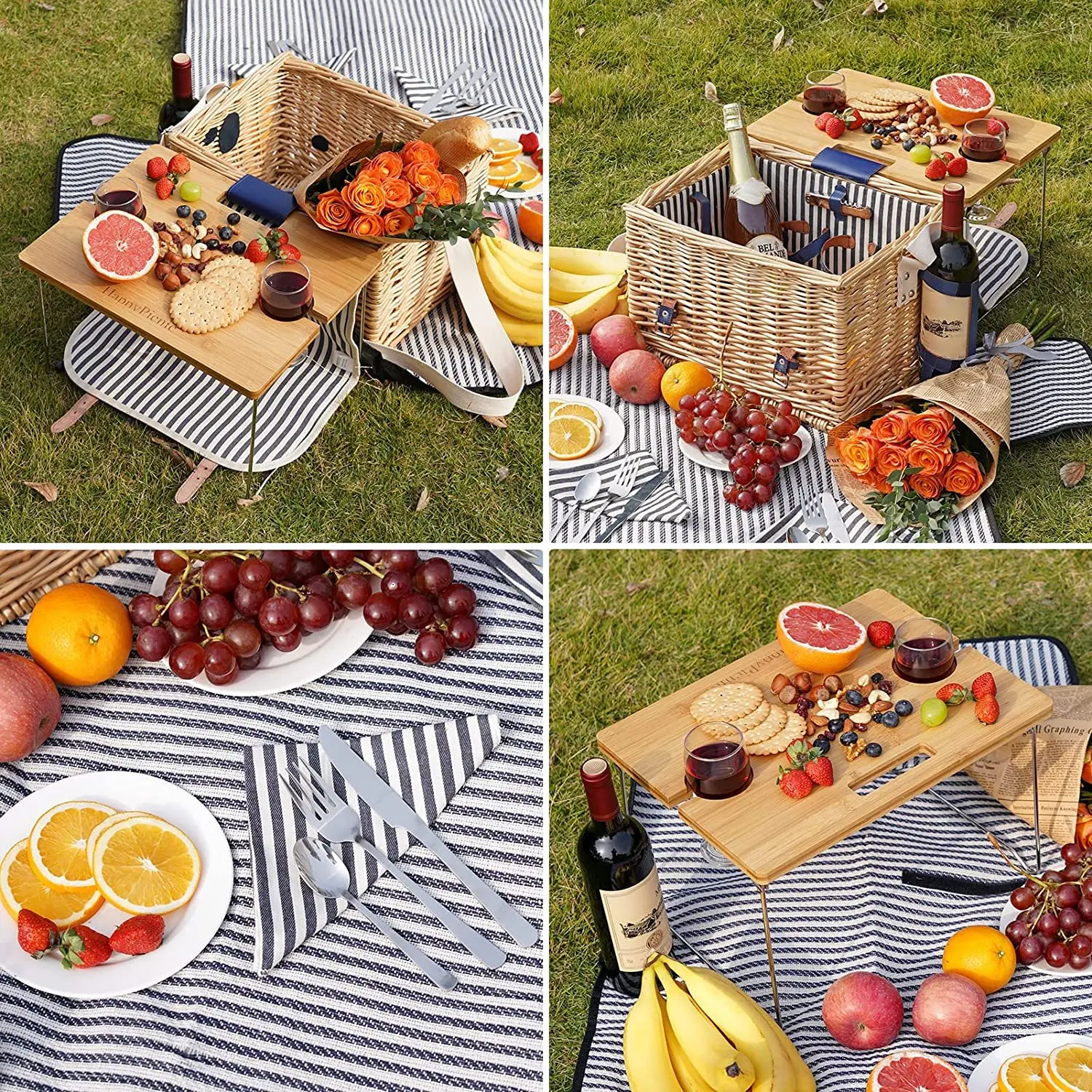 Willow Hamper Service Gift Set with Bamboo Wine Table Wicker Picnic Basket for 3 Persons Picnic set