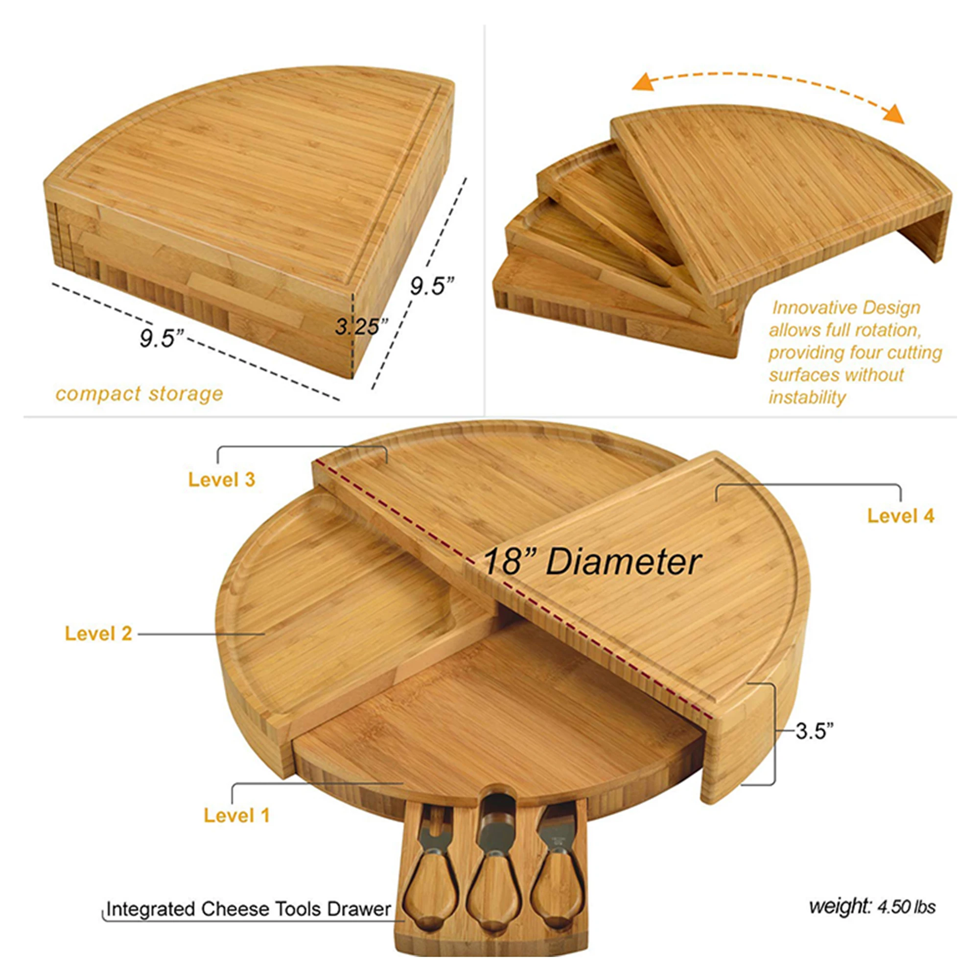 Bamboo Cutting Board With 3 Knife Rotatable Round Cheese Serving Platter Folding Cutting Boards For Fruit Meat