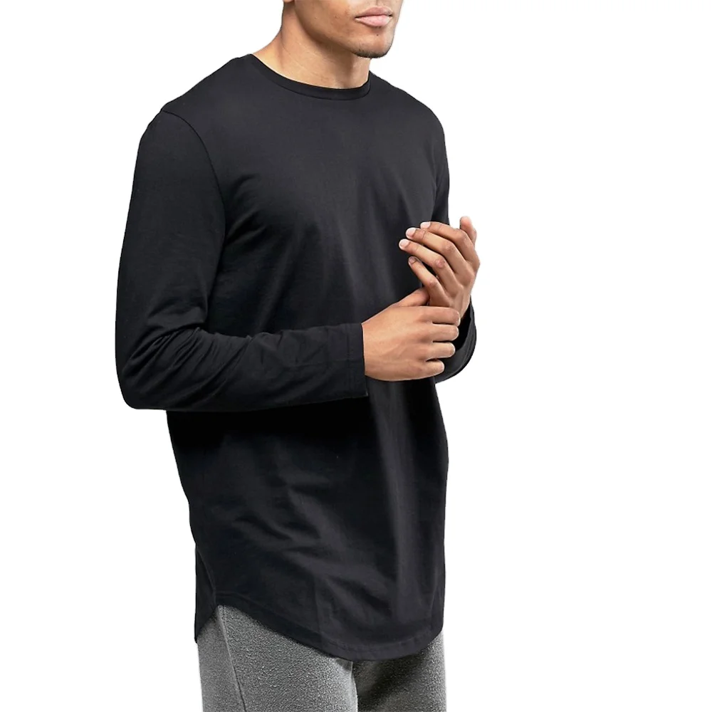 TS137 fashion Hip Hop Men long sleeve longline t shirt with Combed 100% cotton fabric