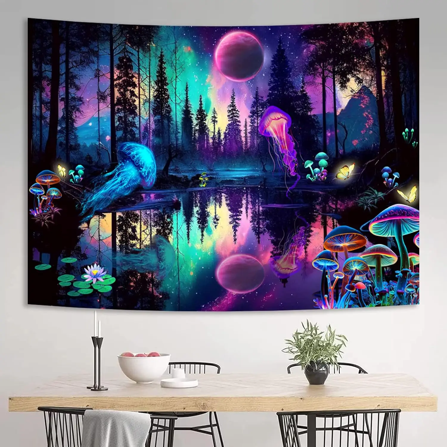 Custom Miytal Fantasy Forest Jellyfish Tapestry Blacklight Colorful Mushroom Butterfly Wall Hanging for Bedroom