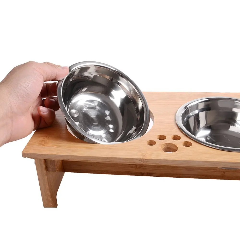 Wholesale Elevated Cat Bowl Bamboo Dog Bowls Stand Stainless Steel Food&Water Bowls Cats and Puppy Pet Bowls & Feeders