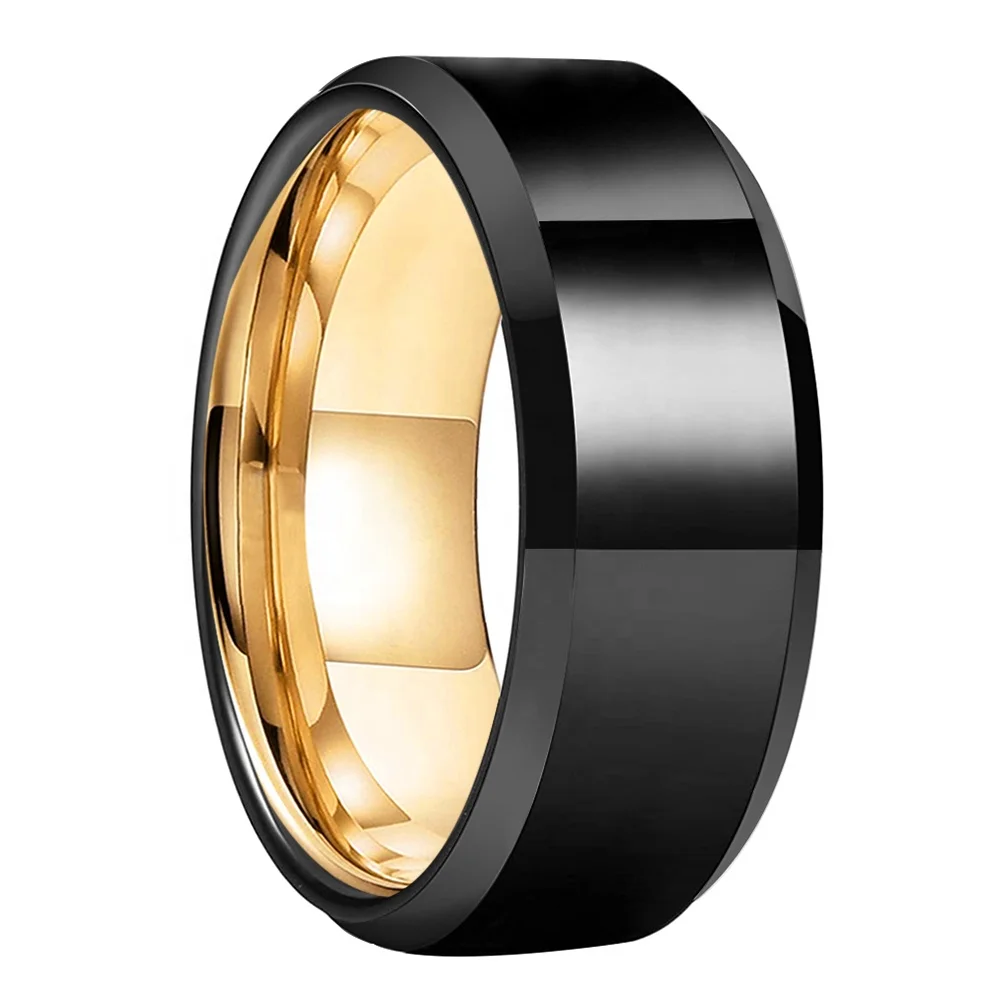 
8mm Black Gold Tungsten Carbide Ring For Men Women Engagement Wedding Band Two Tone Beveled Edges Polished Shiny Comfort Fit 