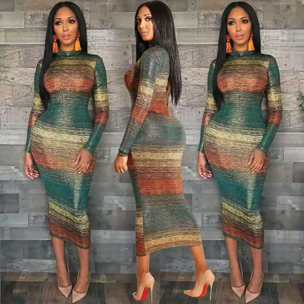 
2021 women new summer outfit sexy elegant fancy casual dress stand collar long sleeve tie dyed pattern 