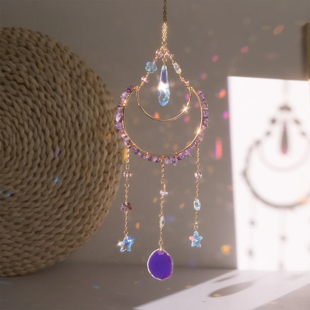 Natural Amethyst Agate Slice Hanging Moon Sun Catcher Crystal Wind Chimes Indoor Outdoor Home Garden Decor