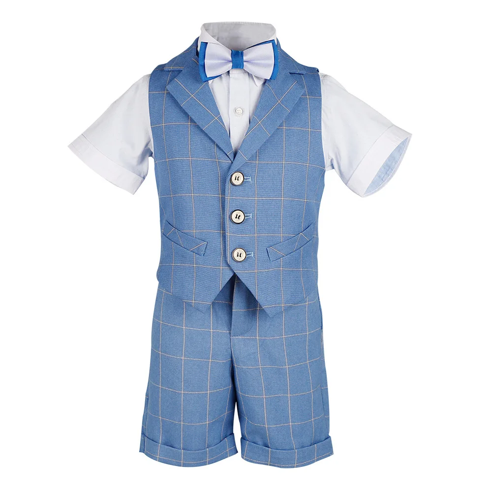 custom kid tuxedo short suit 3 piece blue checked pattern short vest suit boy formal suit for summer