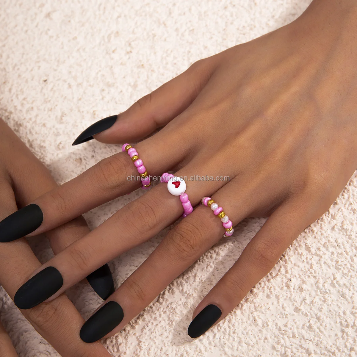 Sweet cool girl love beads ring female cross-border resort style fashion rice beads collision color woven finger ring set