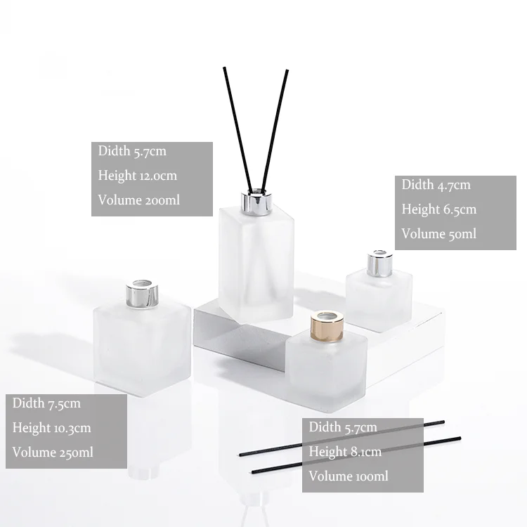 wholesale frosted square empty reed glass diffuser bottle glass wooden cap empty bottle matte black 2 200 ml