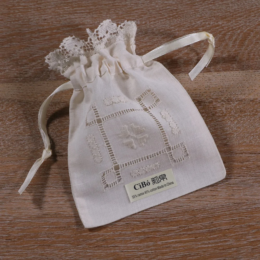 B015 Cream Ramie cotton  Hand embroidery Gift bags Sachet bags Travel pouch  Drawstring bag