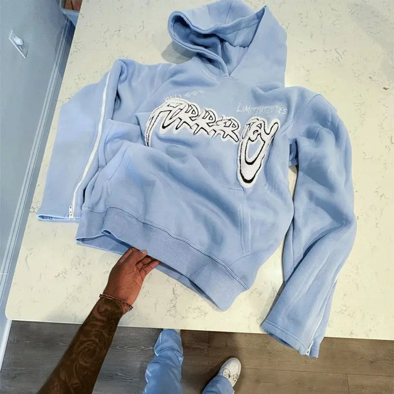 Custom Pullover Heavyweight Hoodies Flared Joggers Sweatsuits Unisex Sweatpants Sets Tracksuit Men Suits Set Side Strip Zipper