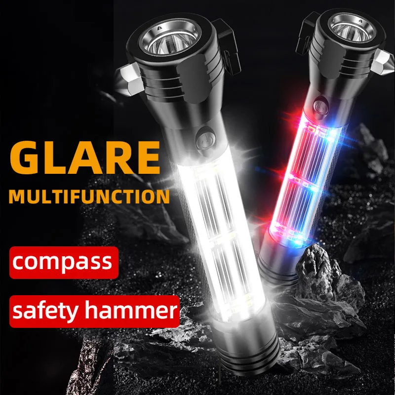 Latest Super Bright Car Safety Hammer LED + COB Side Light Type-C and Solar Charge Compass Flashlight Torch Light with Siren