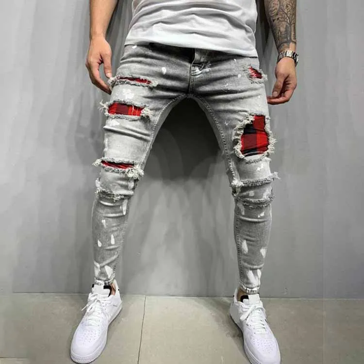 Джинсы мужские рваные в клетку со средней посадкой уличная одежда из денима брюки стиле пэчворк