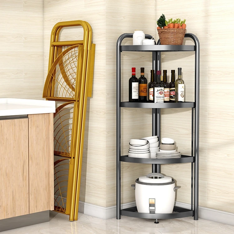 Home Black Iron Metal Wire 3 Tiers Folding Kitchen Corner Storage Shelf For Storage Kitchenware