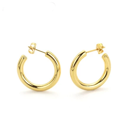 4MM 18K Gold Plated  chunky metallic Stainless Steel C  hoop earring stud hot selling for woman