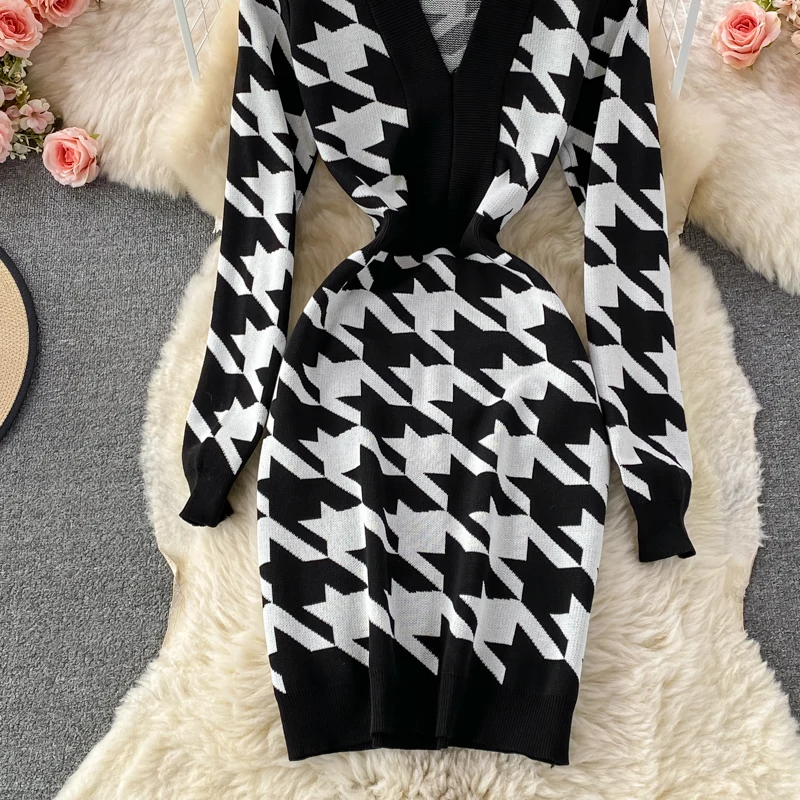 Dresses For Women 2021 Elegant Vintage Houndstooth Knitted Dress Autumn Winter V Neck Long Sleeve Mini Bodycon Dress