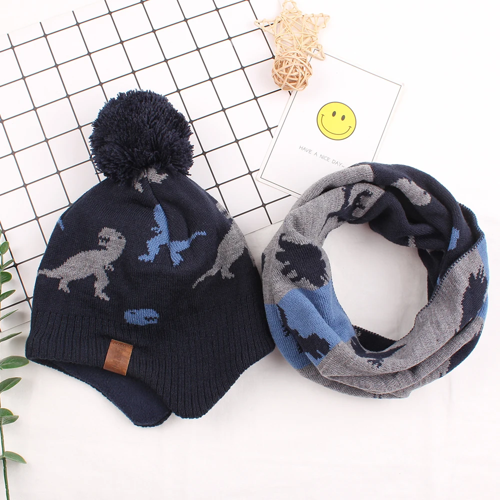 Dinosaur Children Knit Scarf 100% Acrylic Beanie with Fur Pom Pom Unisex  Neck Warmer Kids Hat Set Boys Girls