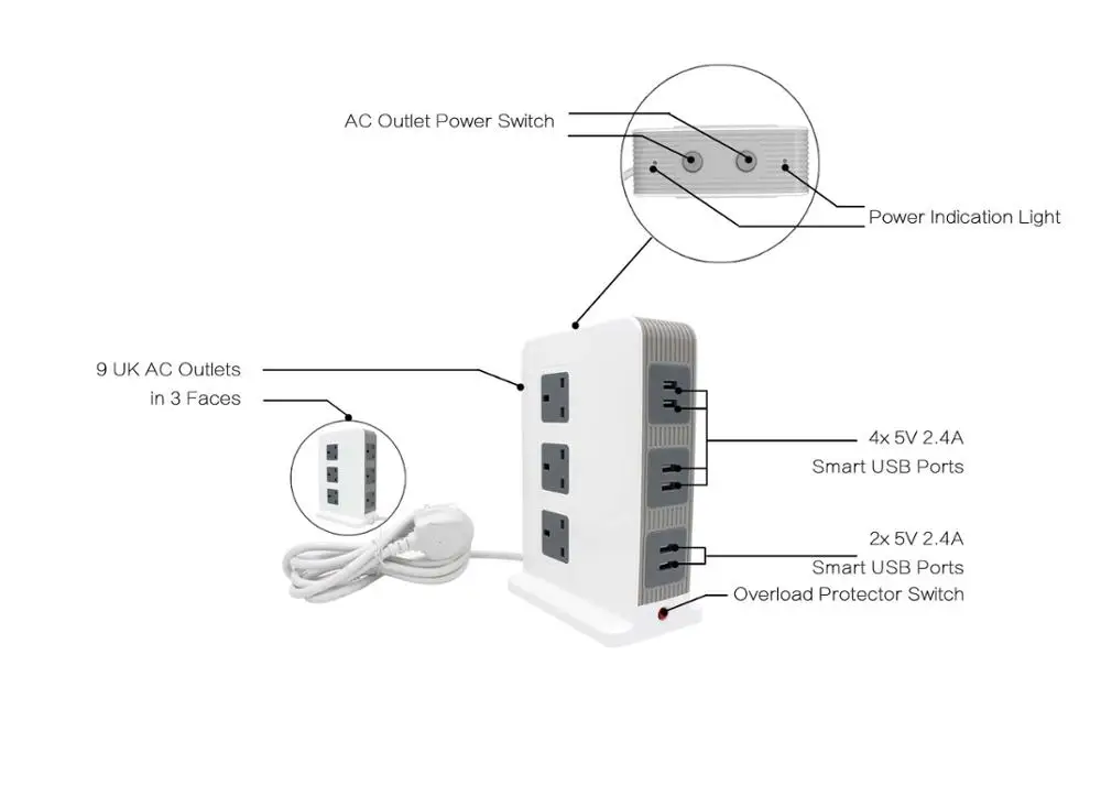 
high quality Smart 10 AC Power Extension Socket with 4 USB Power Strip 