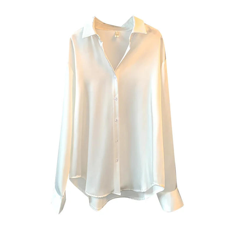 Custom Breathable Solid Silk Women Blouse Ladies Long Sleeve Satin Shirts V Neck Office Blouse Shirt Supplier