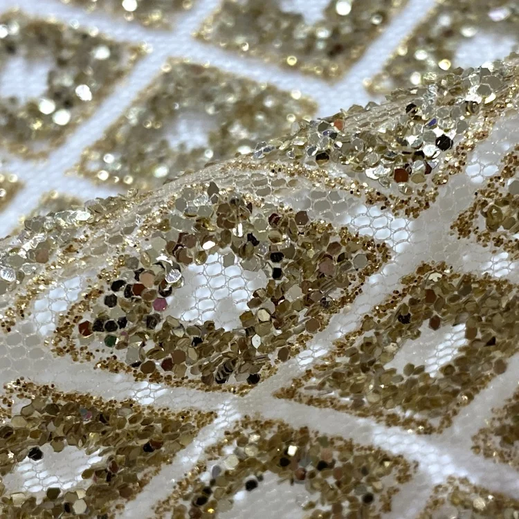 Hot sale gold sequin tulle fabric mesh rhombus combination wedding dress fabric