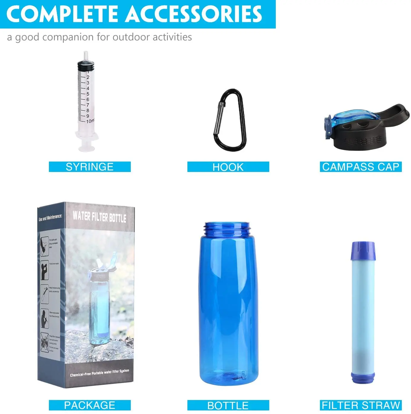 Filtered Water Bottle, BPA Free Emergency Water Purifier with 2-Stage Integrated Filter Straw for Travel, Camping, Hiking