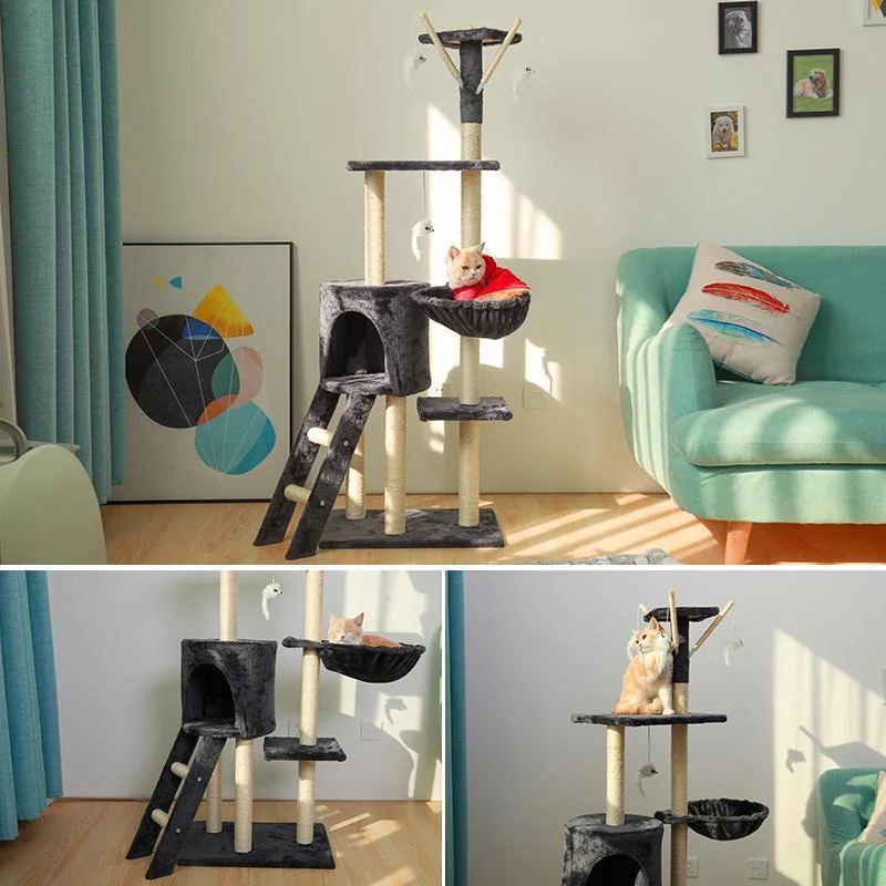 Selling Ladder Post Climbing Furniture Scratching Wooden Big Cat Tower Condo Tree