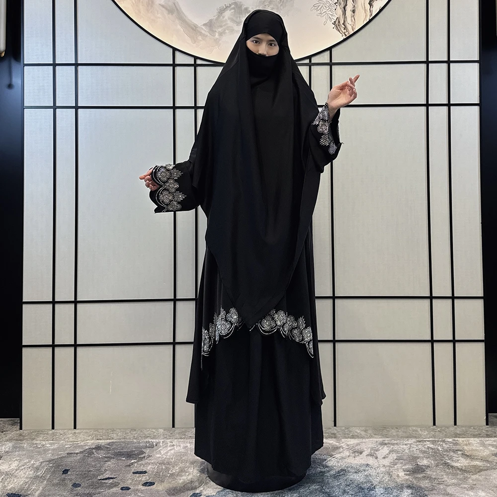 Jilbab Abaya Muslim Dress Embroidered Rhinestone Middle East Abaya Prayer Robe Plus Size Ramadan Eid Jilbab Khimar and Abaya Set