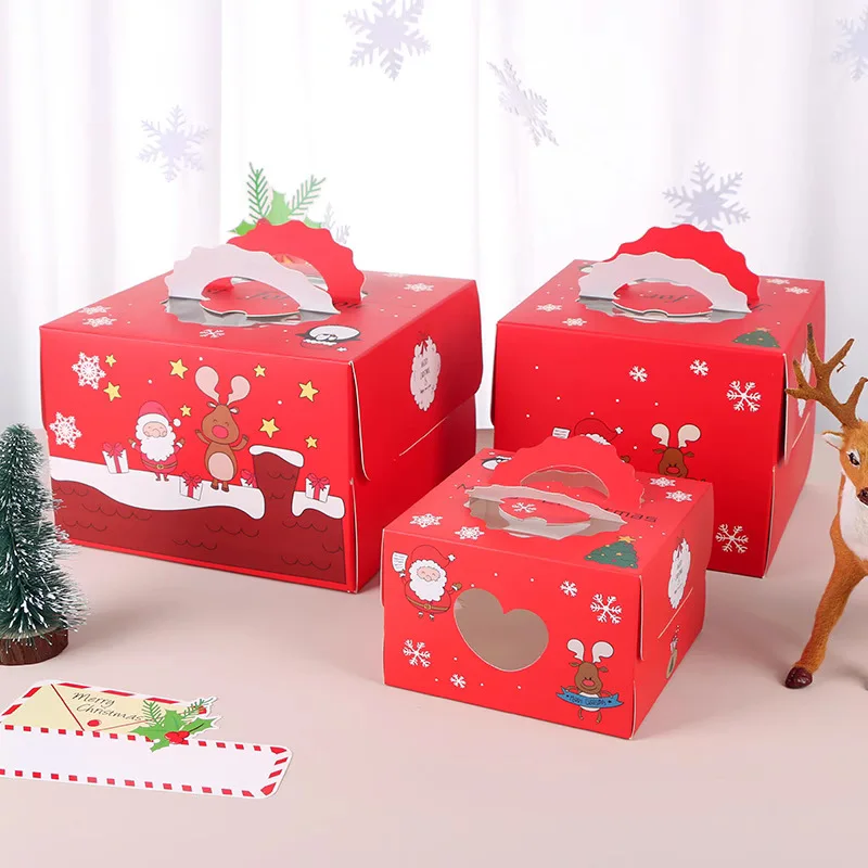 In stock 4/6/8 inches portable Christmas red cake paper folding carry box with paper tray and handle