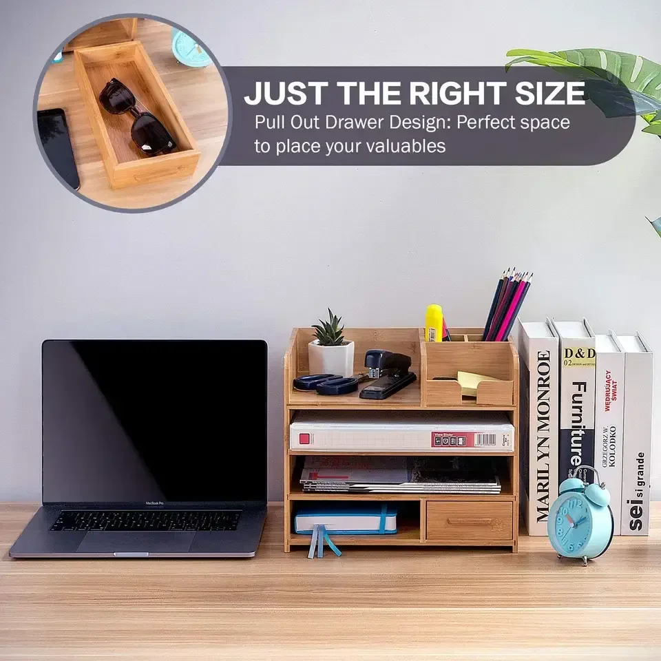 4 Tier Durable Wood Table Top Storage Home Office Bamboo Wood Desk File Organizer with Drawer