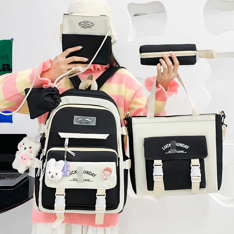 5Pcs Kawaii Backpack Set for Student with Cute Accessories, School Bags Backpack for Teen Girls Back to School Supplies