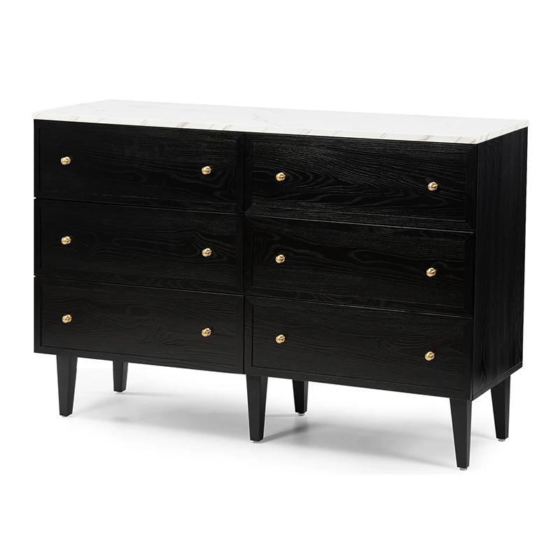 Black Wood 6 Drawers Chest Storage Tower Dresser Cabinet With Marble Countertop Bedroom Furniture