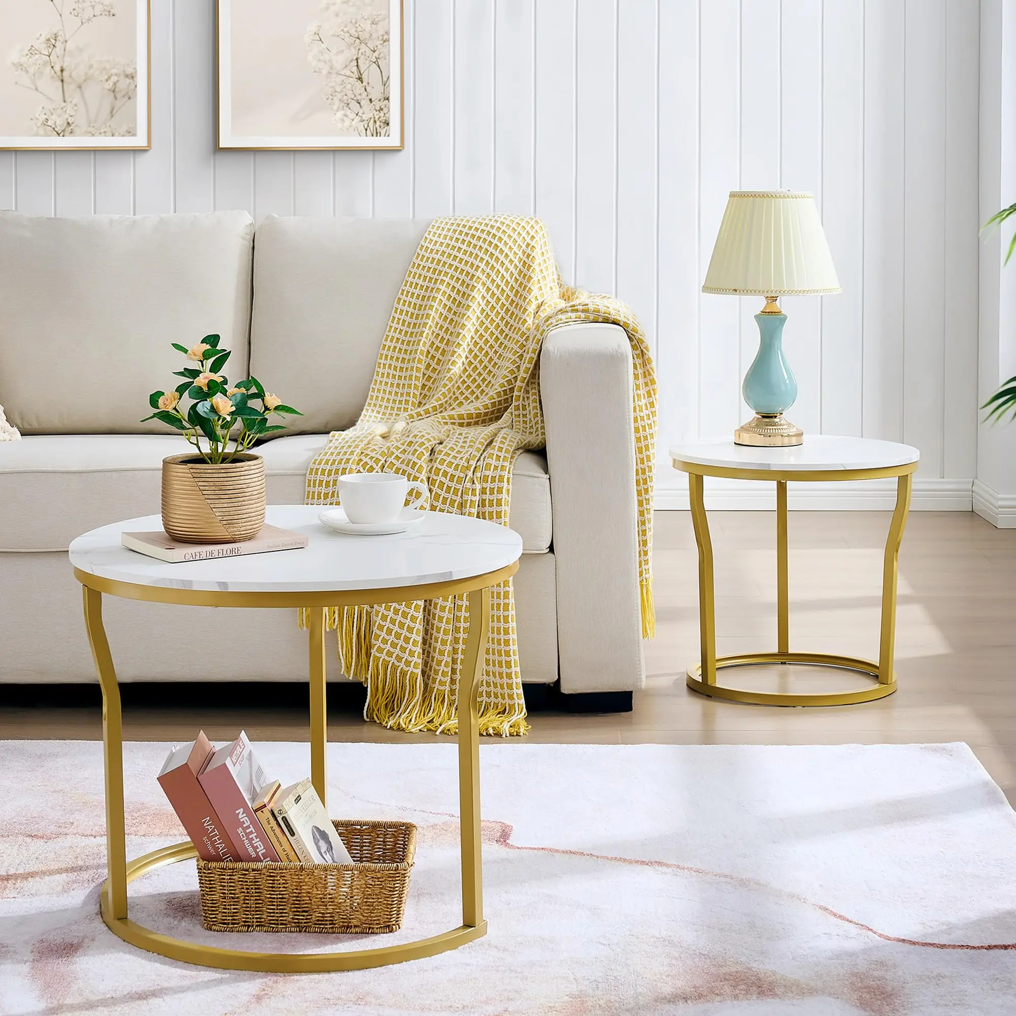 Nordic Style Natural Marble Top round Metal Frame Coffee and Side Table Set Wabi-Sabi Design for Home Furniture