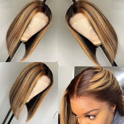 Brazilian Virgin Hair Glueless Piano Color Highlight Straight Wig Wholesale Ombre Brown Human Hair Pre-cut Lace Front wigs